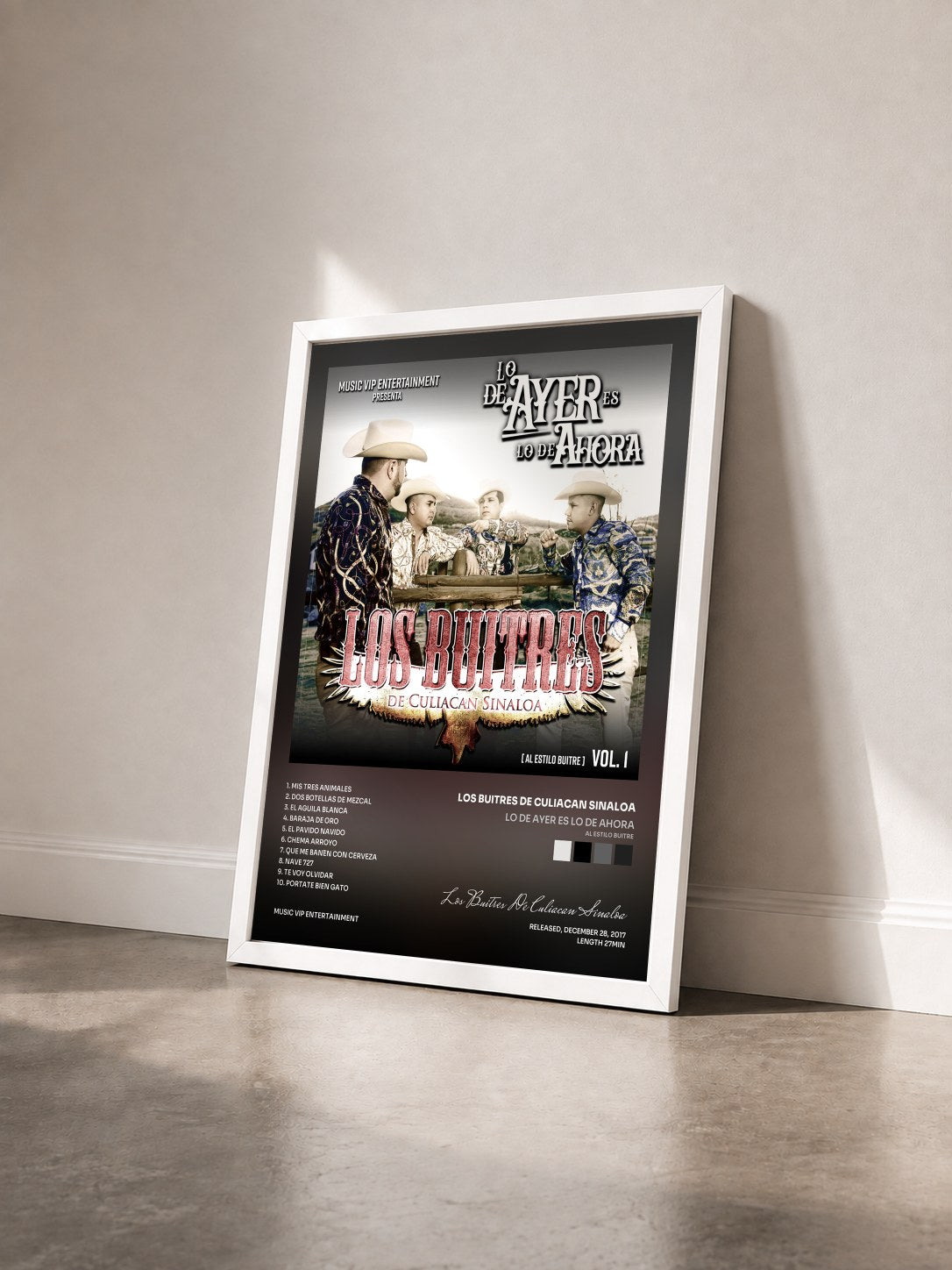 #blanc Tableau de l'album Lo de Ayer Es Lo de Ahora (al Estilo Buitre), Vol. 1 de Los Buitres De Culiacan Sinaloa vu de trois quarts, cadre blanc