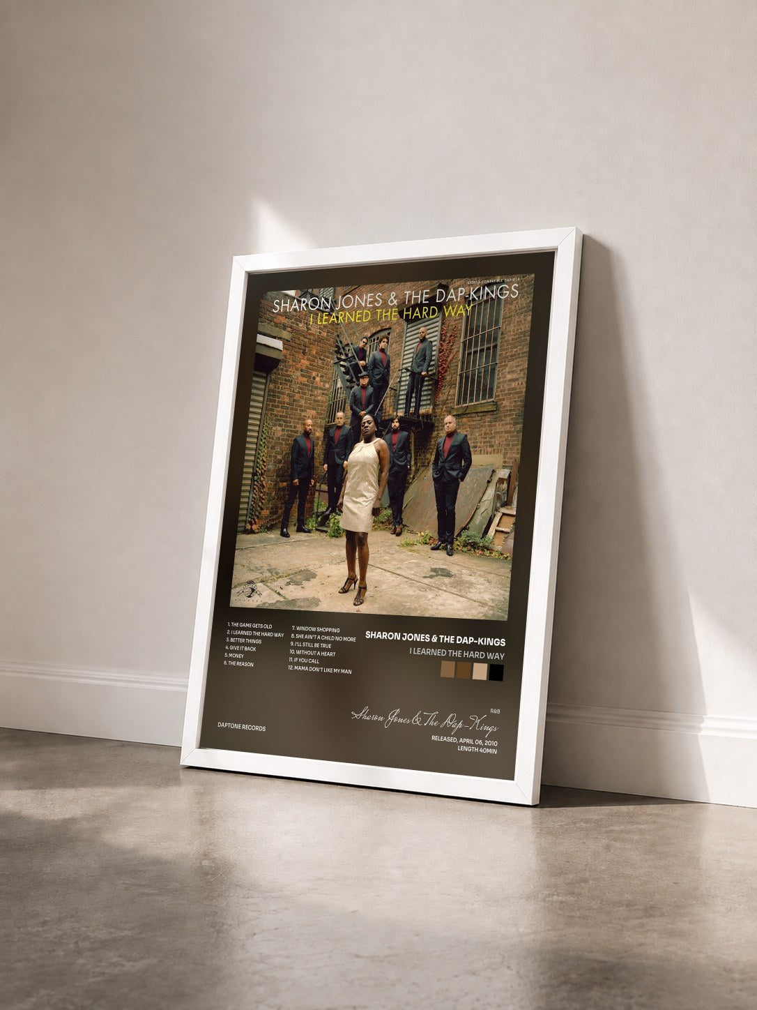 #blanc Tableau de l'album I Learned the Hard Way de Sharon Jones & The Dap-Kings vu de trois quarts, cadre blanc