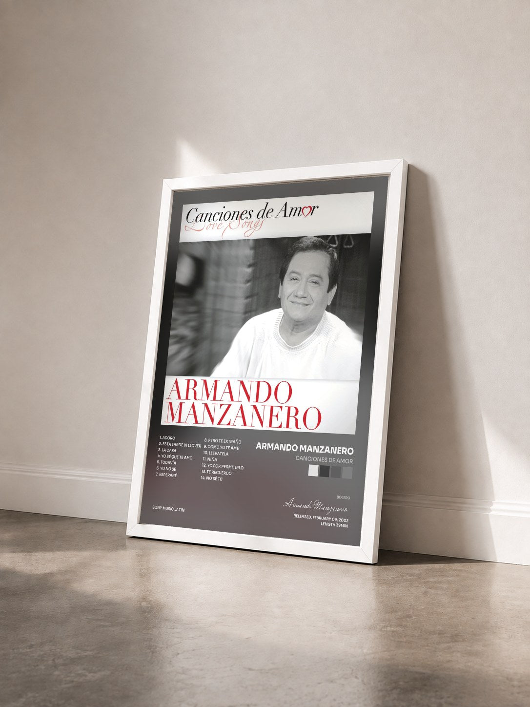 #blanc Tableau de l'album Canciones De Amor de Armando Manzanero vu de trois quarts, cadre blanc