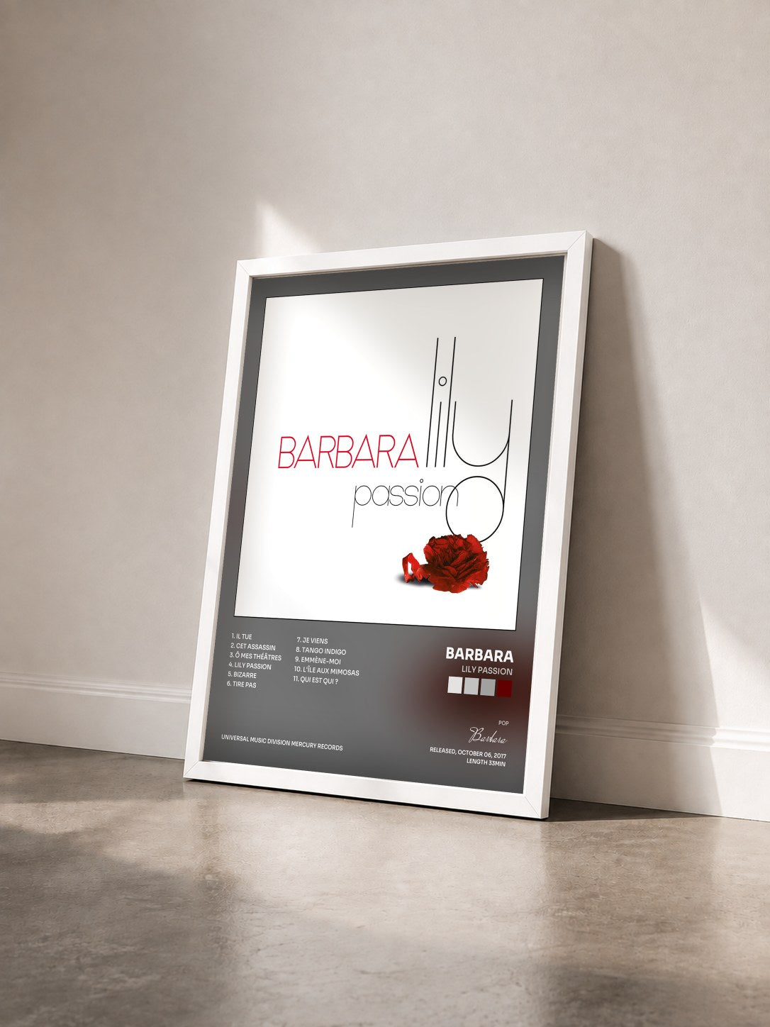#blanc Tableau de l'album Lily passion de Barbara vu de trois quarts, cadre blanc
