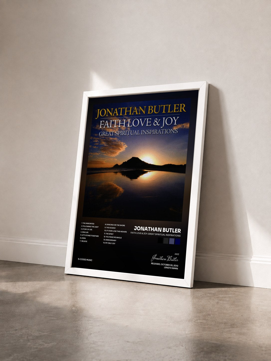 #blanc Tableau de l'album Faith Love & Joy: Great Spiritual Inspirations de Jonathan Butler vu de trois quarts, cadre blanc