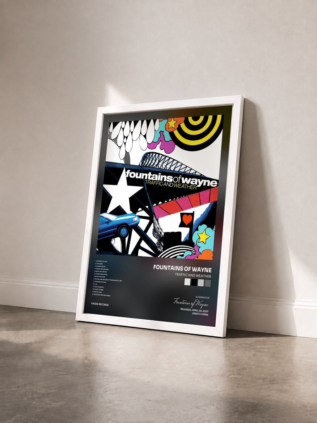 #blanc Tableau de l'album Traffic And Weather de Fountains of Wayne vu de trois quarts, cadre blanc