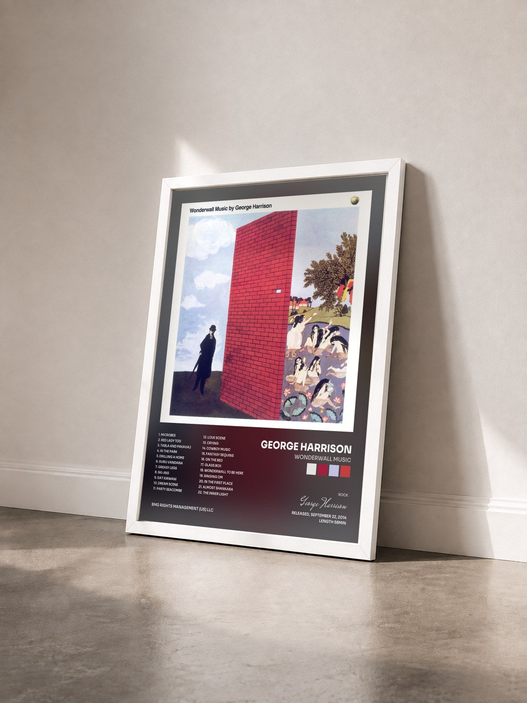 #blanc Tableau de l'album Wonderwall Music de George Harrison vu de trois quarts, cadre blanc