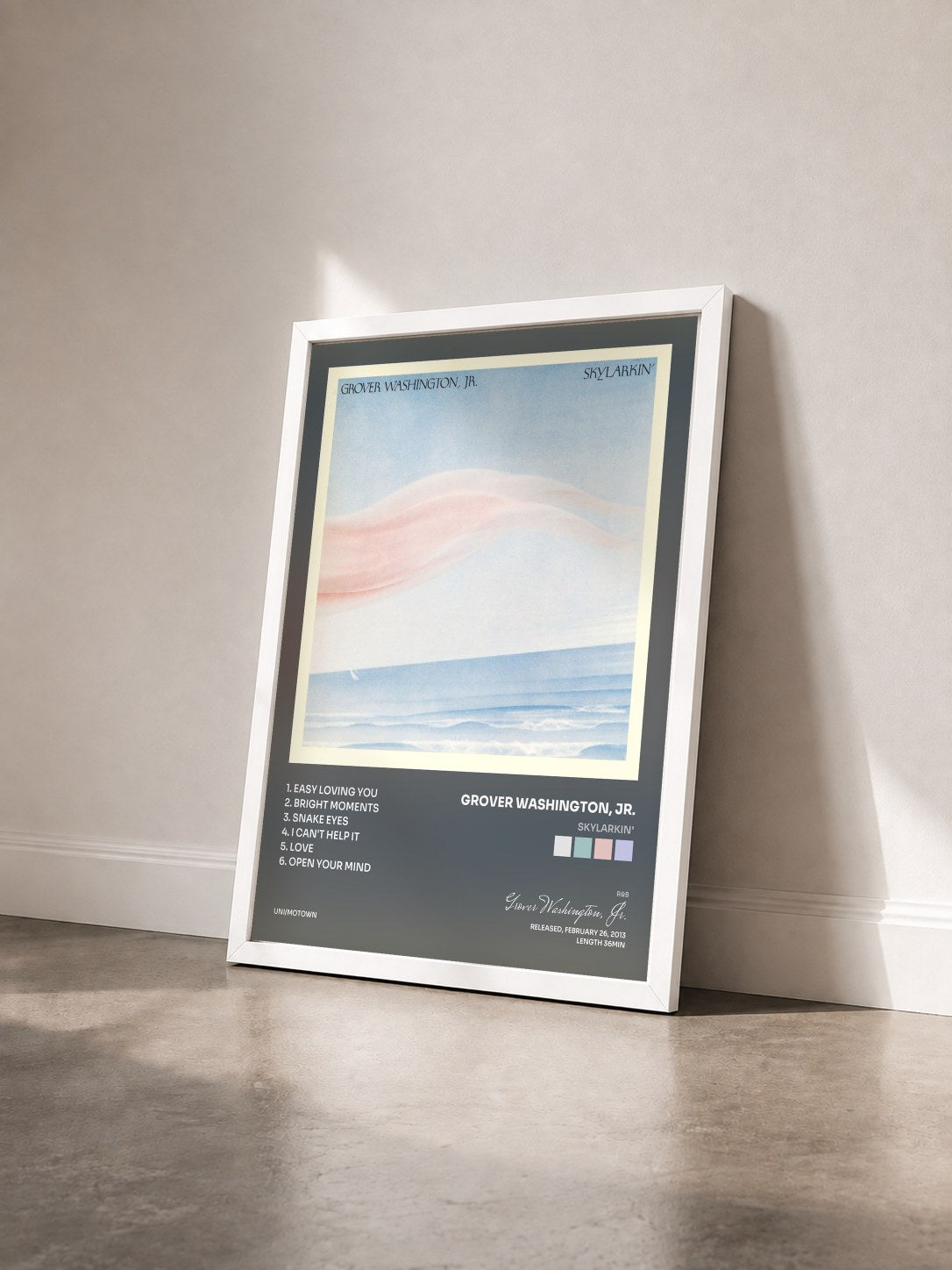 #blanc Tableau de l'album Skylarkin' de Grover Washington, Jr. vu de trois quarts, cadre blanc
