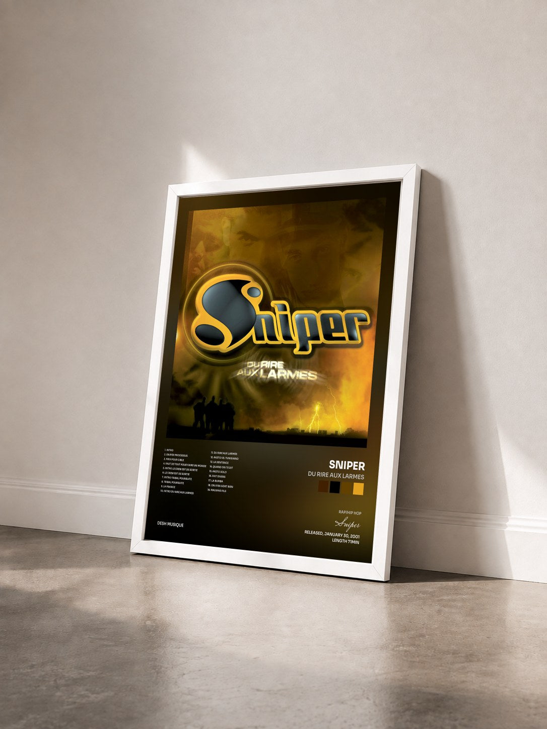 #blanc Du rire aux larmes by Sniper as a framed art print seen at an angle, white frame