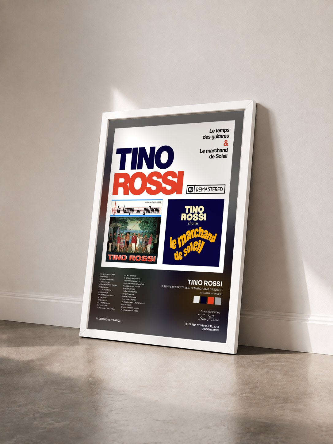 #blanc Tableau de l'album Le temps des guitares / Le marchand de soleil (Remasterisé en 2018) de Tino Rossi vu de trois quarts, cadre blanc