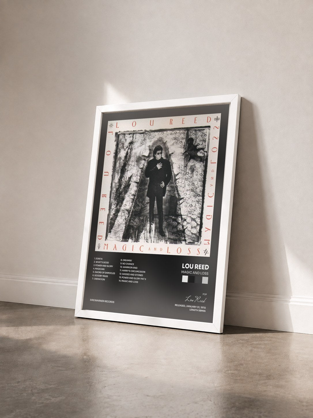#blanc Tableau de l'album Magic and Loss de Lou Reed vu de trois quarts, cadre blanc