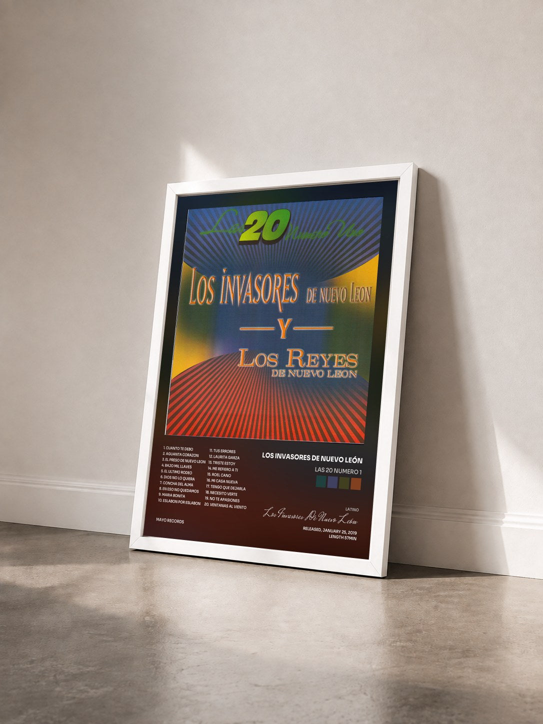 #blanc Tableau de l'album Las 20 Numero 1 de Los Invasores De Nuevo León vu de trois quarts, cadre blanc