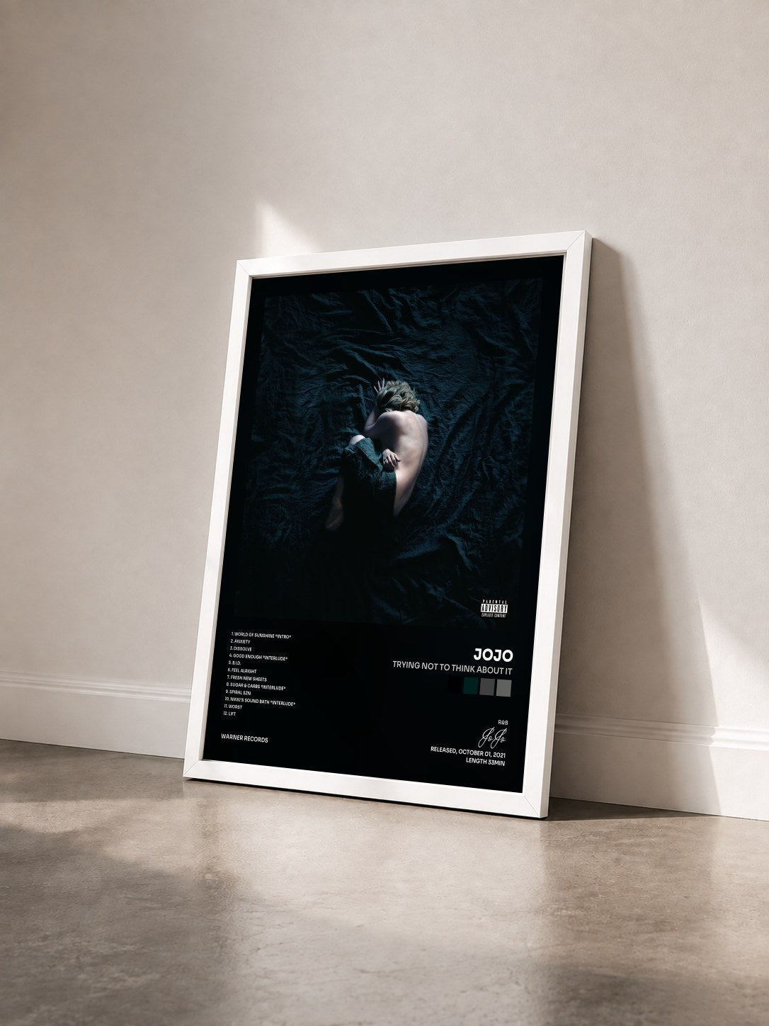 #blanc trying not to think about it by JoJo as a framed art print seen at an angle, white frame