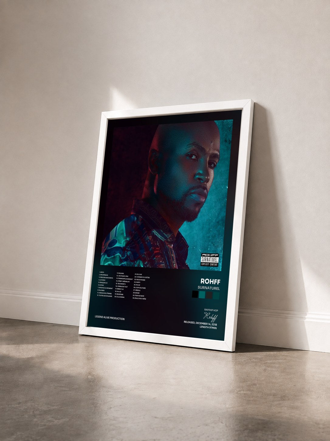 #blanc Tableau de l'album Surnaturel de Rohff vu de trois quarts, cadre blanc