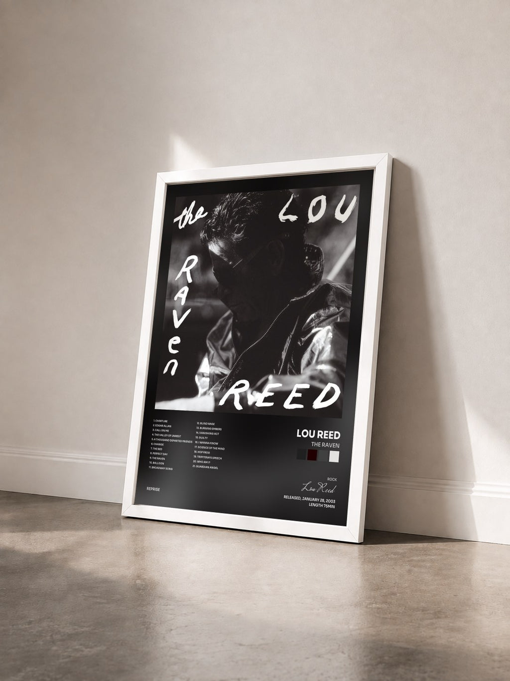 #blanc Tableau de l'album The Raven de Lou Reed vu de trois quarts, cadre blanc