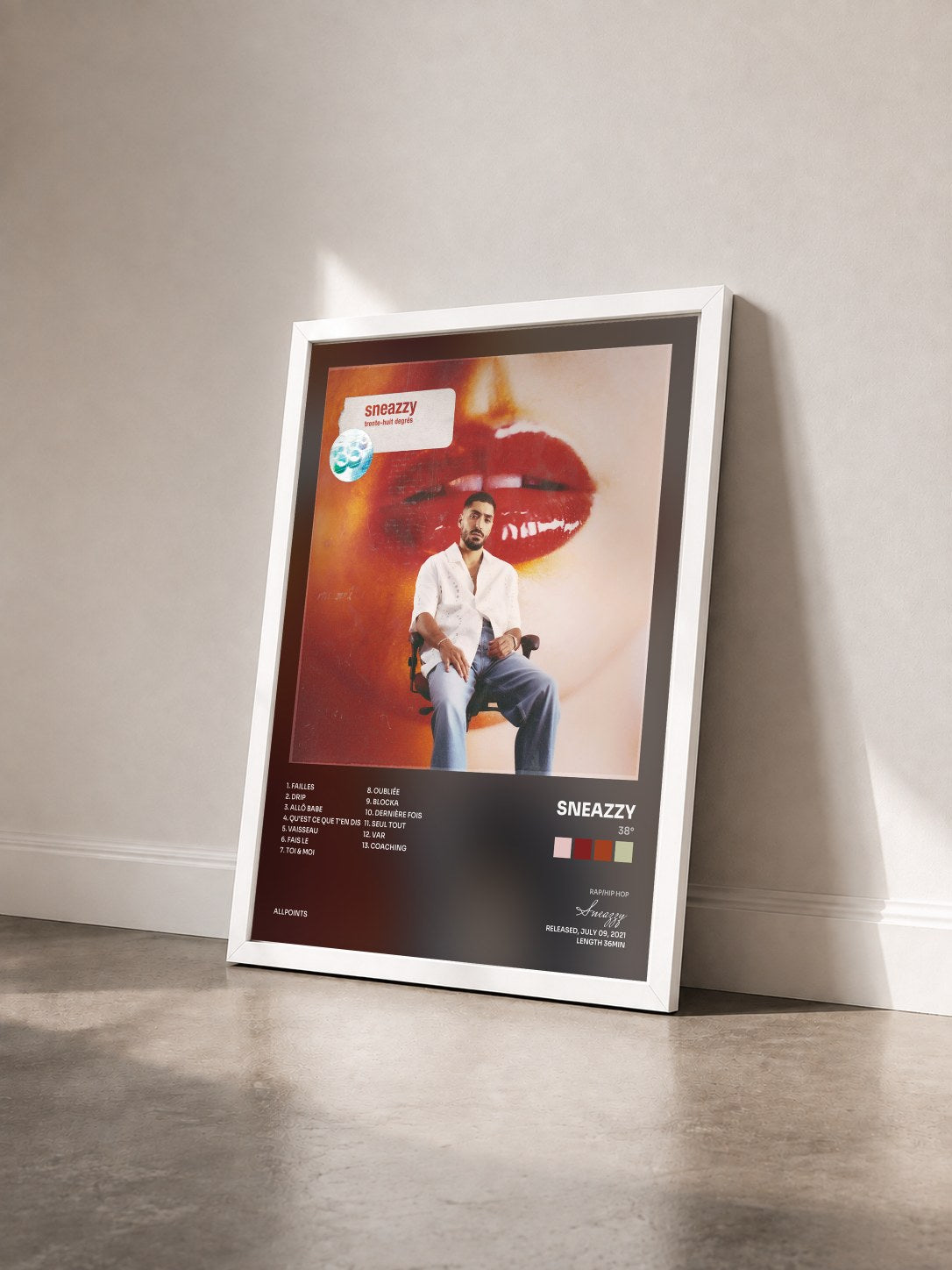 #blanc Tableau de l'album 38° de Sneazzy vu de trois quarts, cadre blanc
