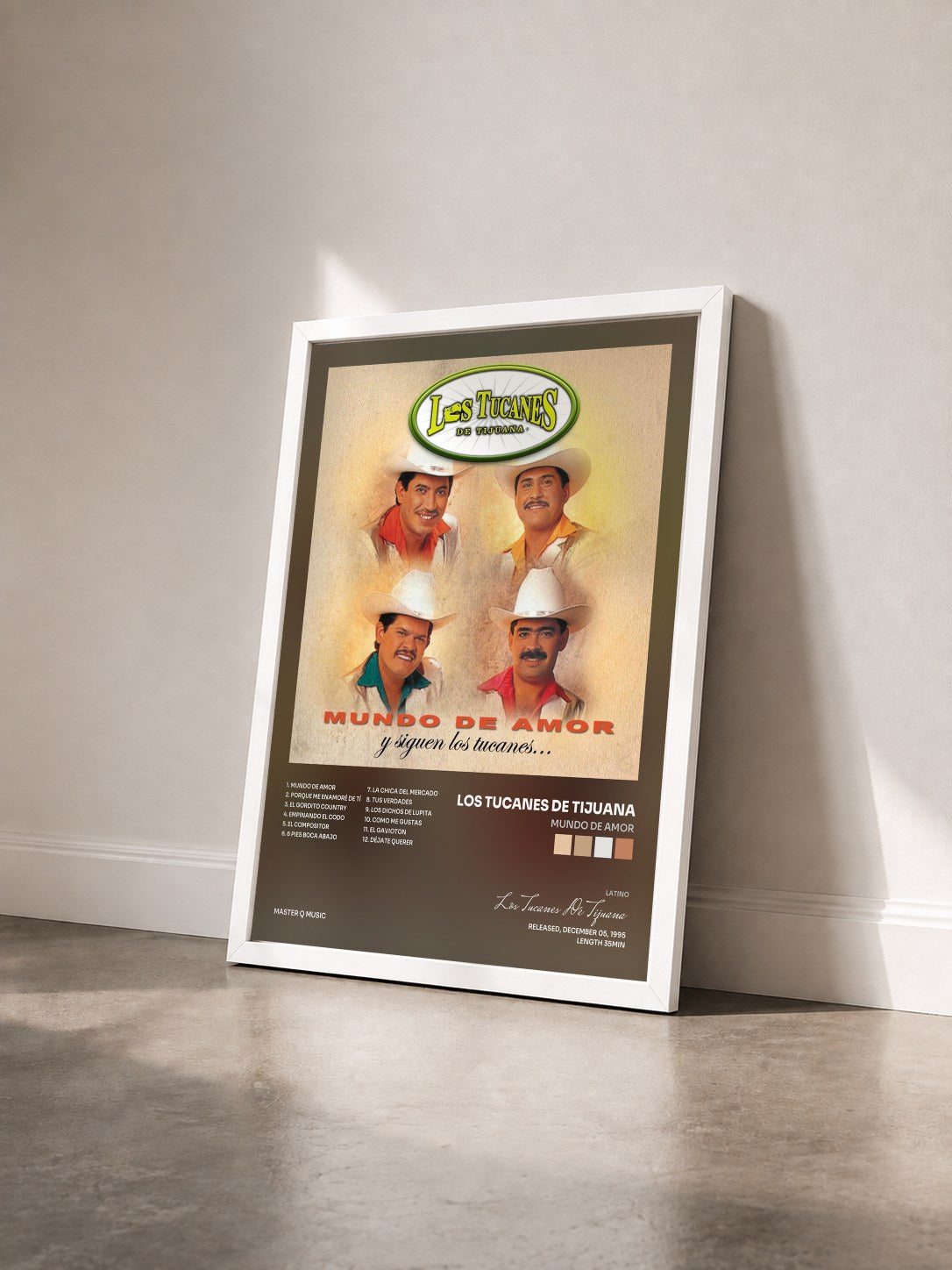 #blanc Tableau de l'album Mundo De Amor de Los Tucanes De Tijuana vu de trois quarts, cadre blanc