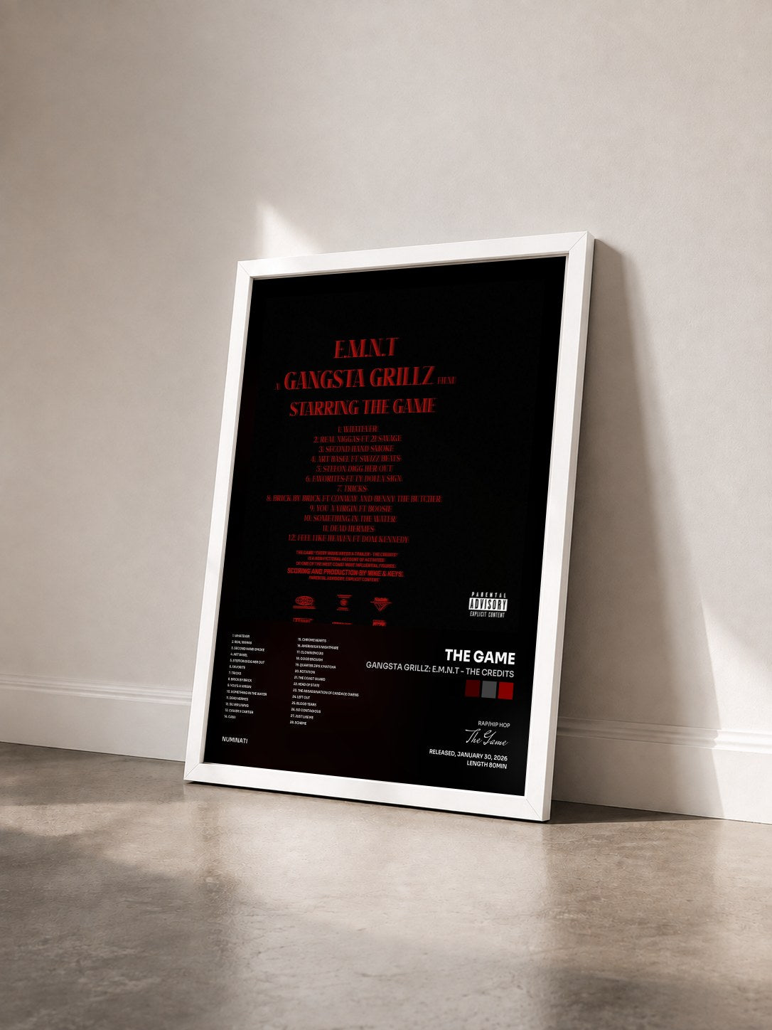 #blanc Gangsta Grillz: E.M.N.T - The Credits by The Game as a framed art print seen at an angle, white frame