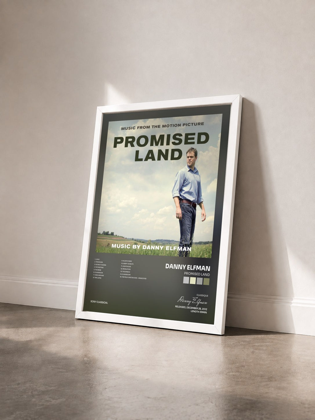 #blanc Tableau de l'album Promised Land de Danny Elfman vu de trois quarts, cadre blanc