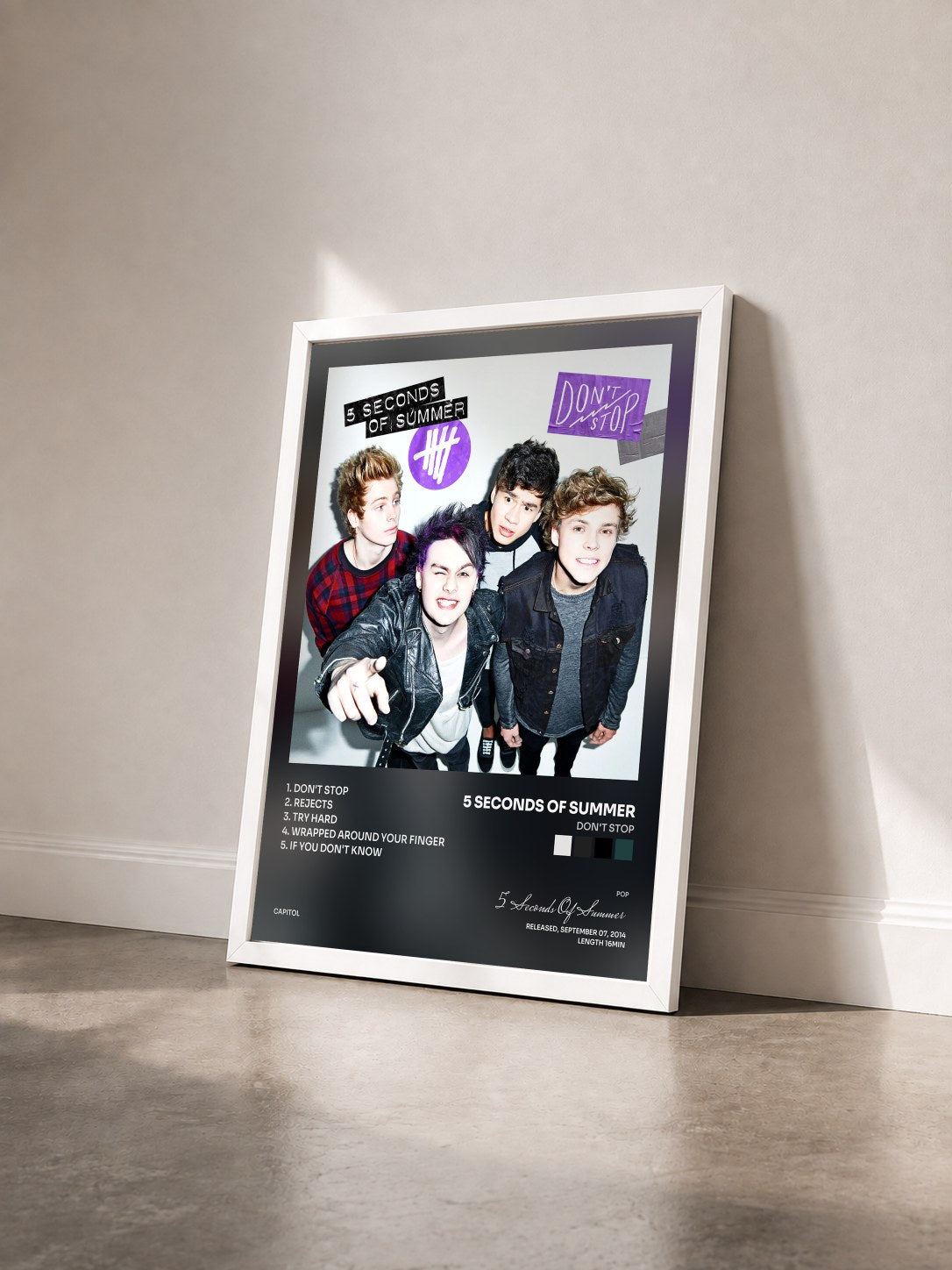 #blanc Tableau de l'album Don't Stop de 5 Seconds Of Summer vu de trois quarts, cadre blanc
