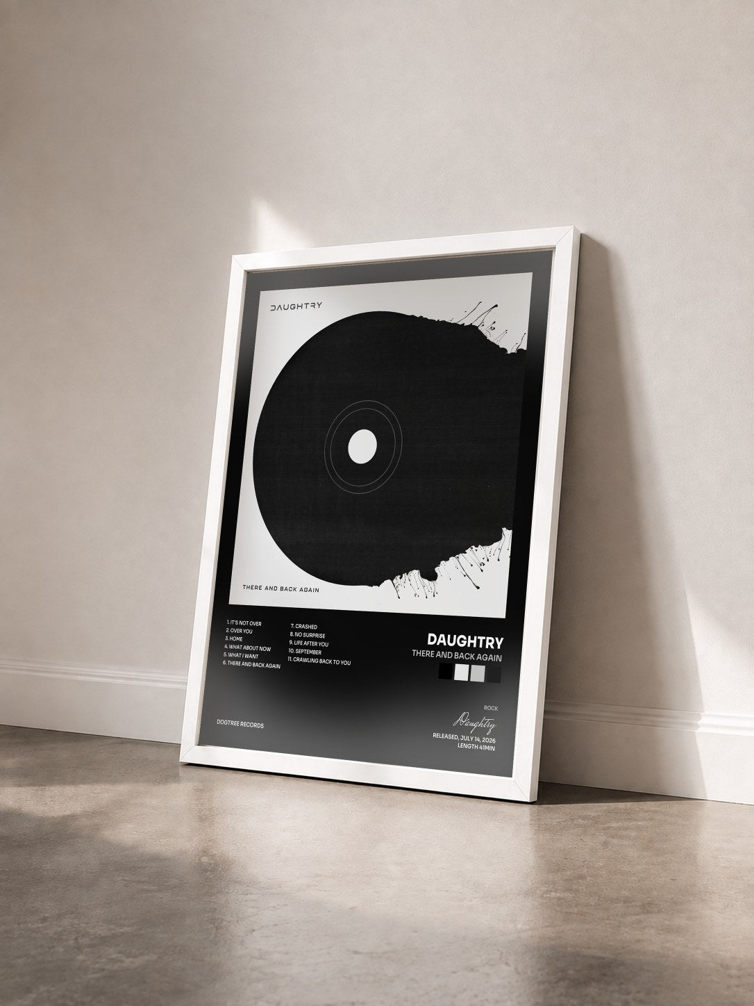 #blanc Tableau de l'album There and Back Again de Daughtry vu de trois quarts, cadre blanc