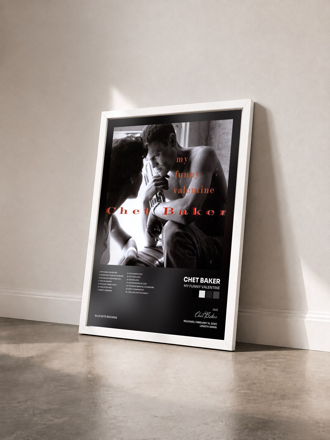 #blanc Tableau de l'album My Funny Valentine de Chet Baker vu de trois quarts, cadre blanc