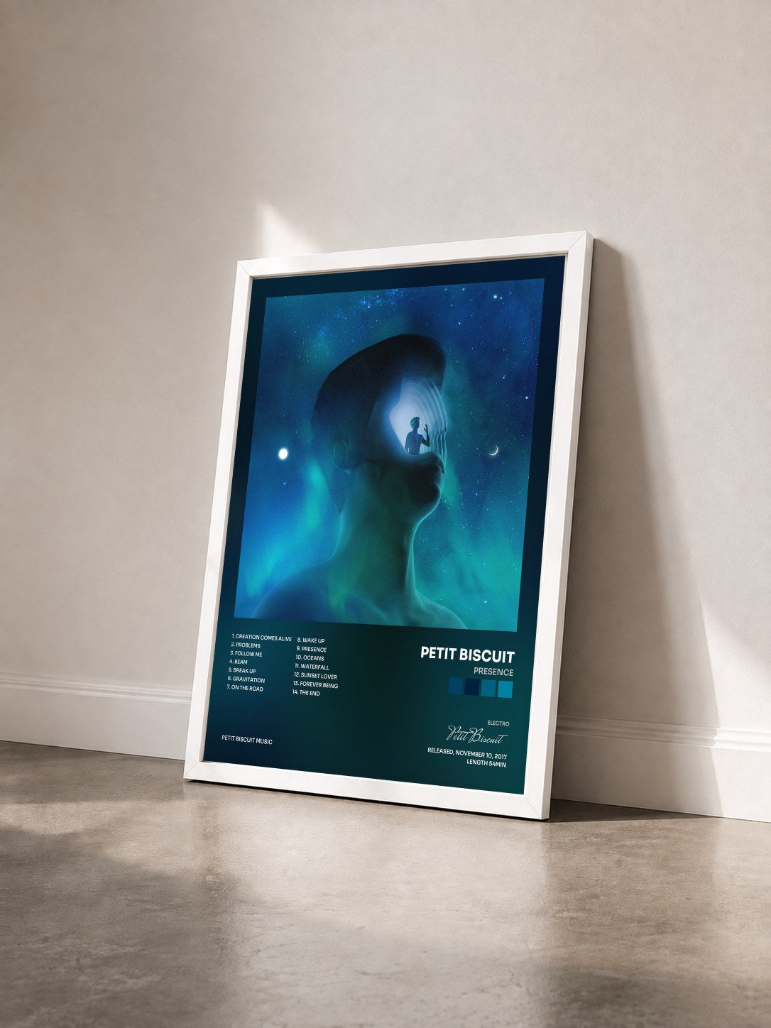 #blanc Presence by Petit Biscuit as a framed art print seen at an angle, white frame