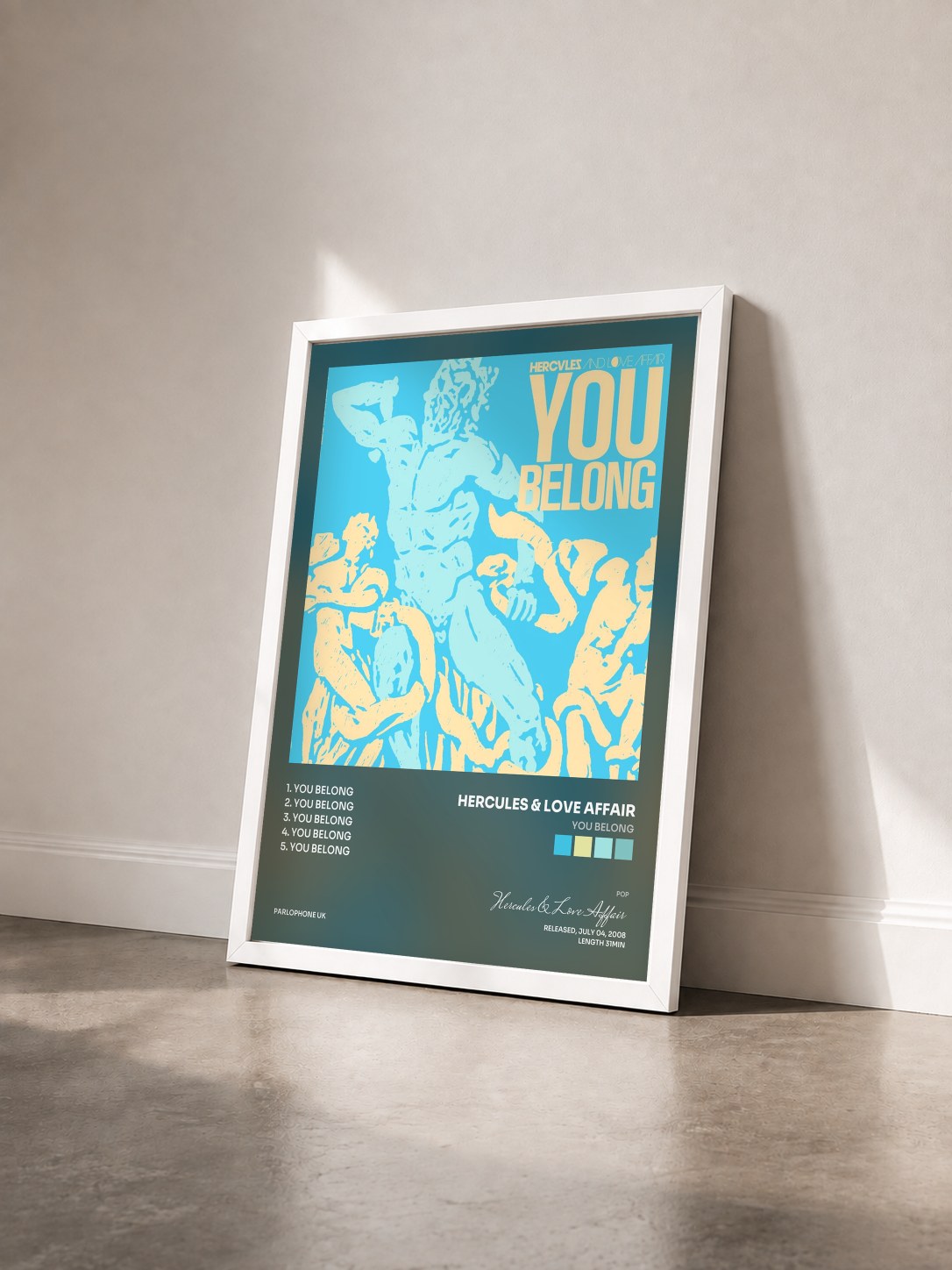 #blanc Tableau de l'album You Belong de Hercules & Love Affair vu de trois quarts, cadre blanc