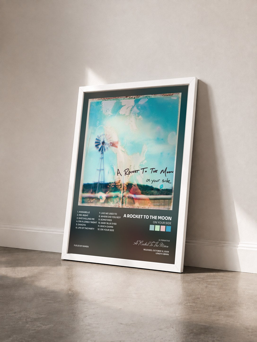 #blanc Tableau de l'album On Your Side de A Rocket To The Moon vu de trois quarts, cadre blanc