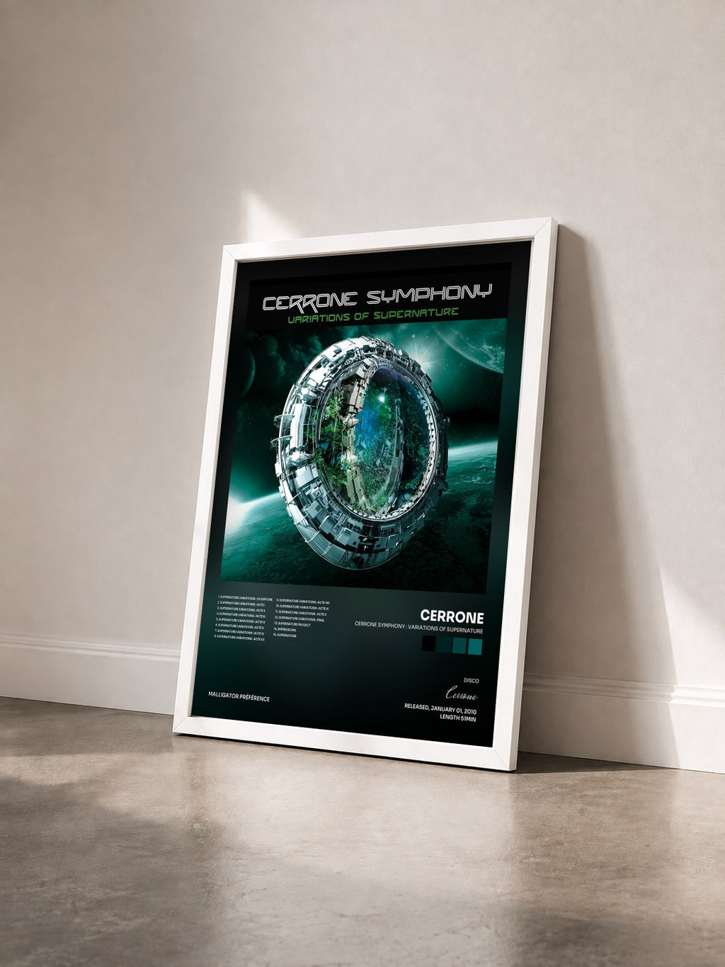 #blanc Cerrone Symphony : Variations of Supernature by Cerrone as a framed art print seen at an angle, white frame