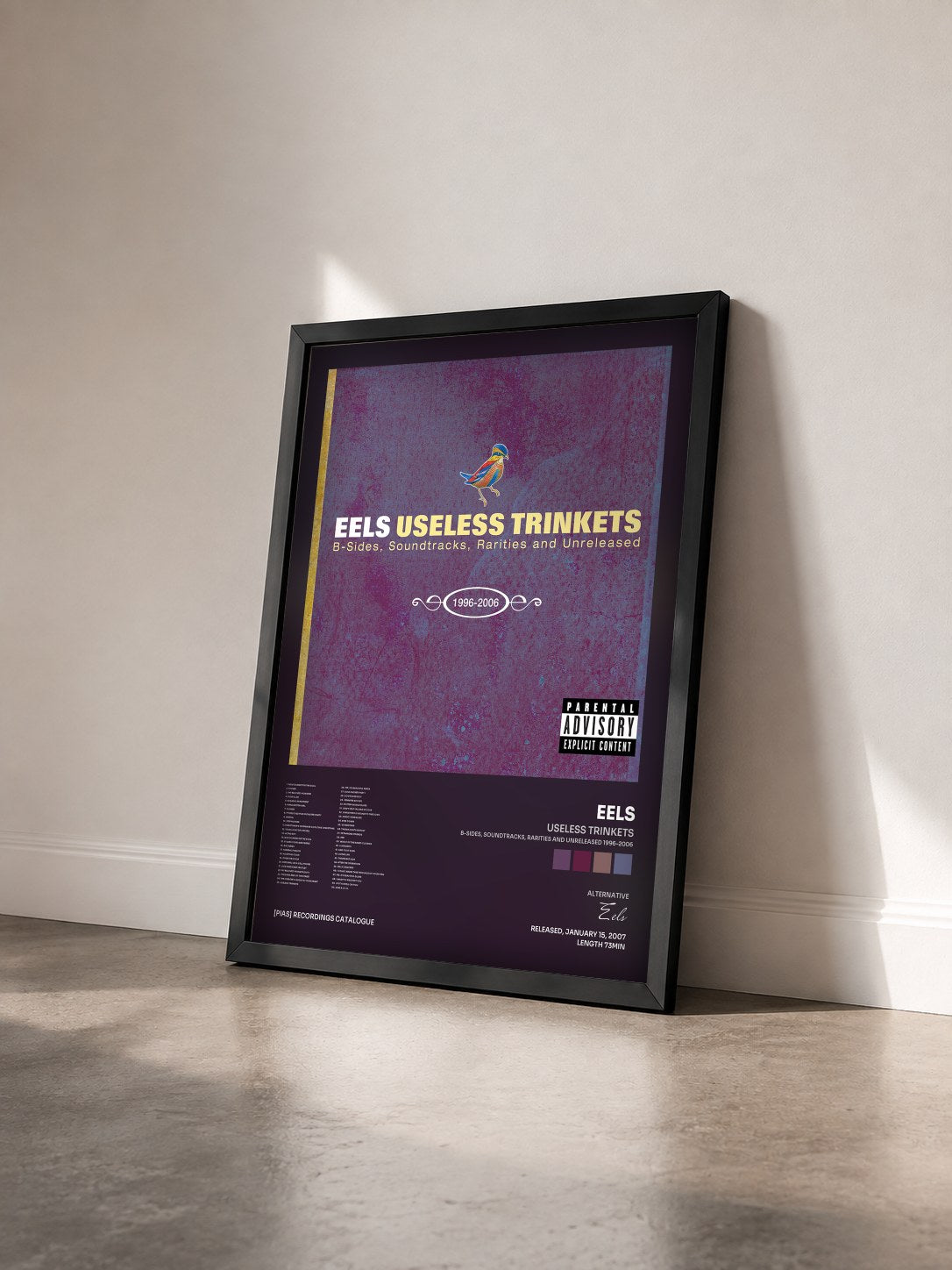 #noir Tableau de l'album Useless Trinkets (B-Sides, Soundtracks, Rarities and Unreleased 1996-2006) de Eels vu de trois quarts, cadre noir