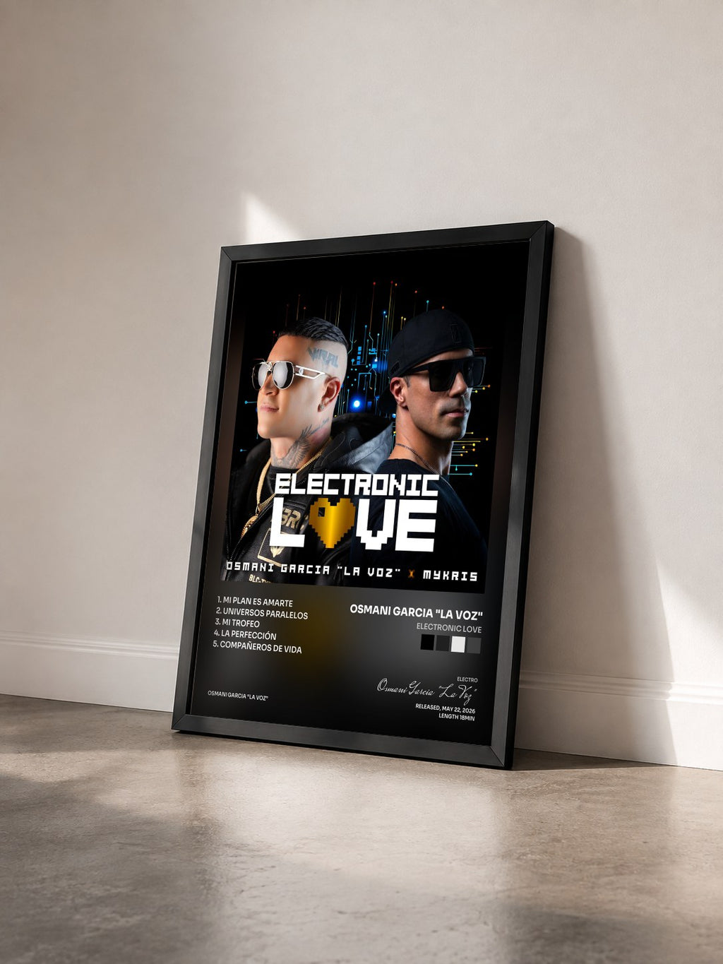 #noir Tableau de l'album Electronic Love de Osmani Garcia "La Voz" vu de trois quarts, cadre noir