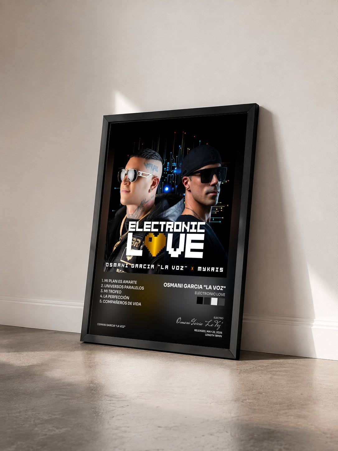 #noir Tableau de l'album Electronic Love de Osmani Garcia "La Voz" vu de trois quarts, cadre noir