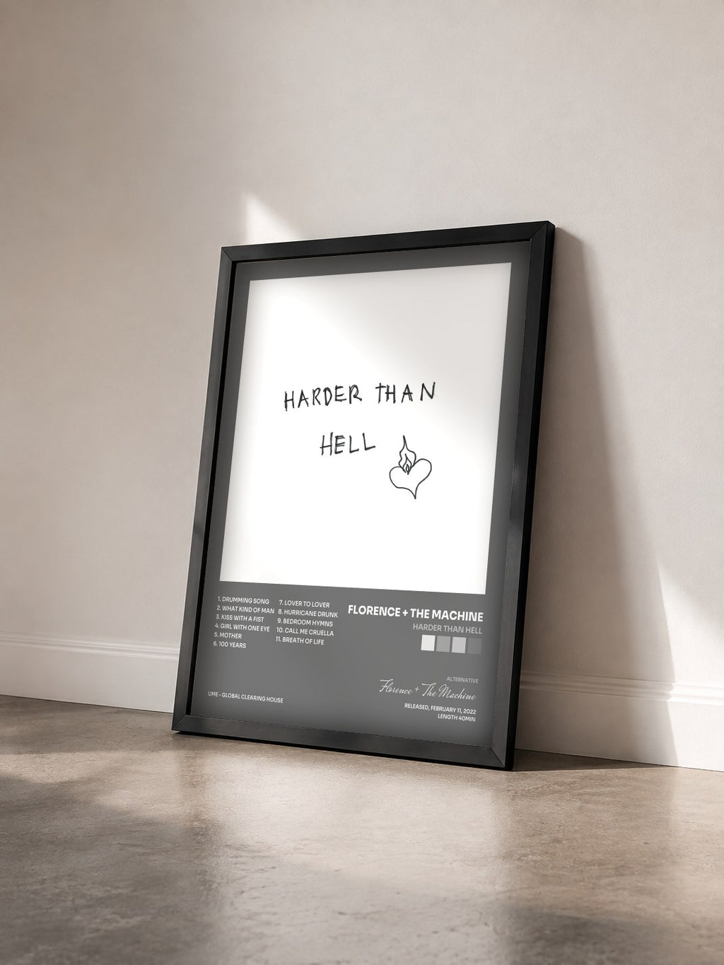 #noir Tableau de l'album Harder Than Hell de Florence + The Machine vu de trois quarts, cadre noir