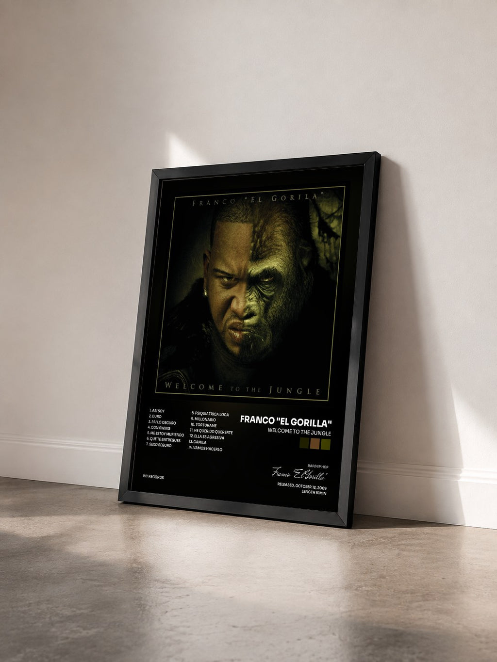 #noir Tableau de l'album Welcome To The Jungle de Franco "El Gorilla" vu de trois quarts, cadre noir