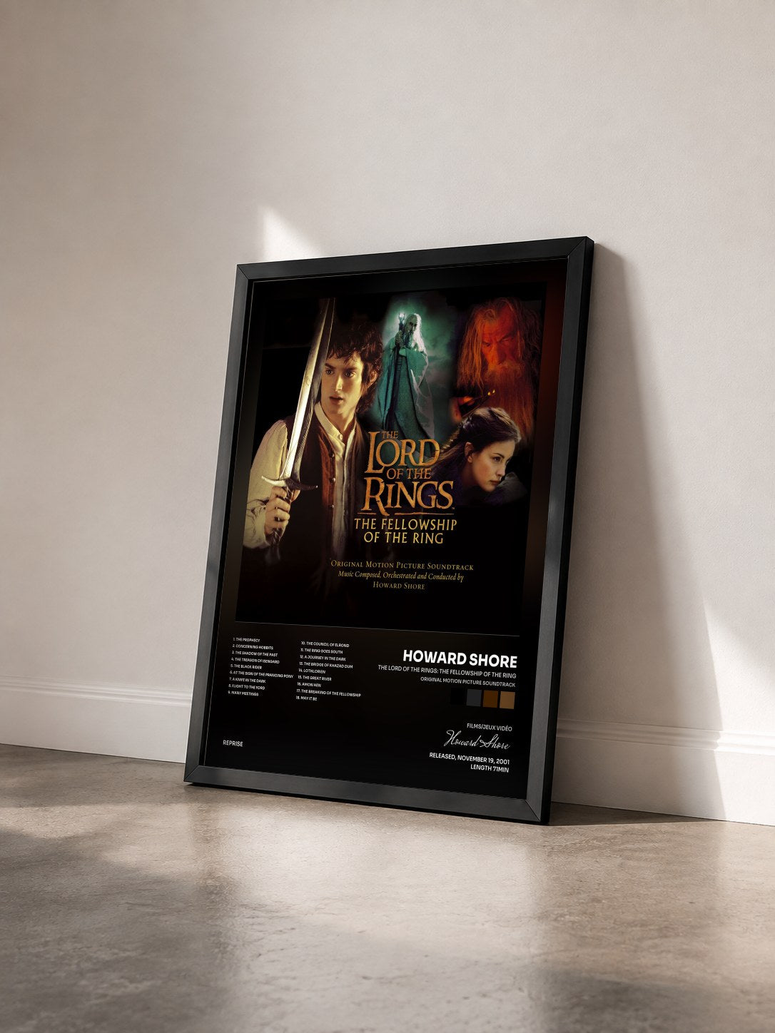 #noir Tableau de l'album The Lord of the Rings: The Fellowship of the Ring (Original Motion Picture Soundtrack) de Howard Shore vu de trois quarts, cadre noir