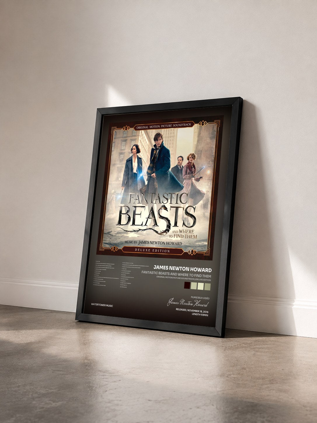 #noir Fantastic Beasts and Where to Find Them (Original Motion Picture Soundtrack) (Deluxe Edition) by James Newton Howard as a framed art print seen at an angle, black frame