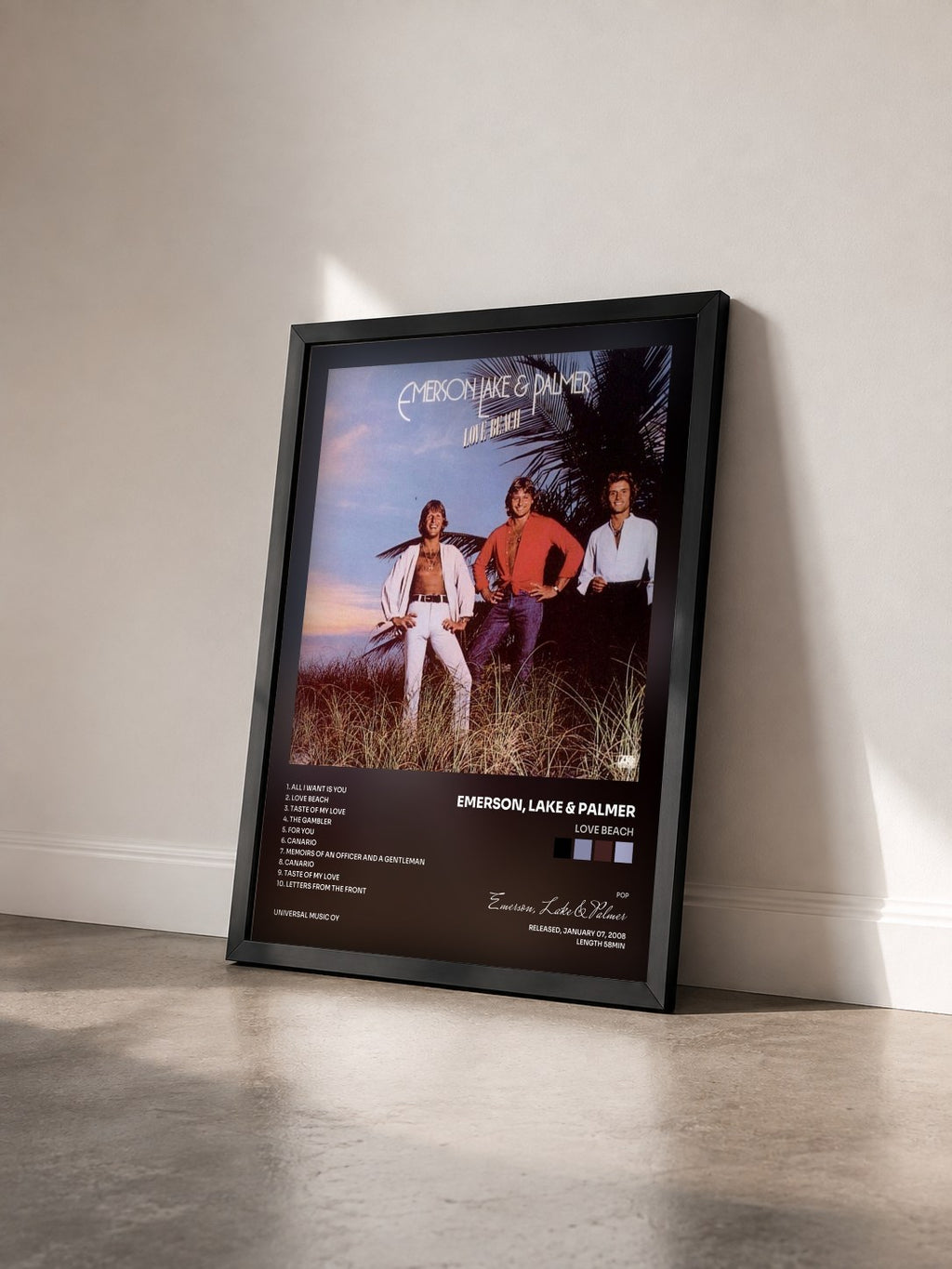 #noir Tableau de l'album Love Beach de Emerson, Lake & Palmer vu de trois quarts, cadre noir