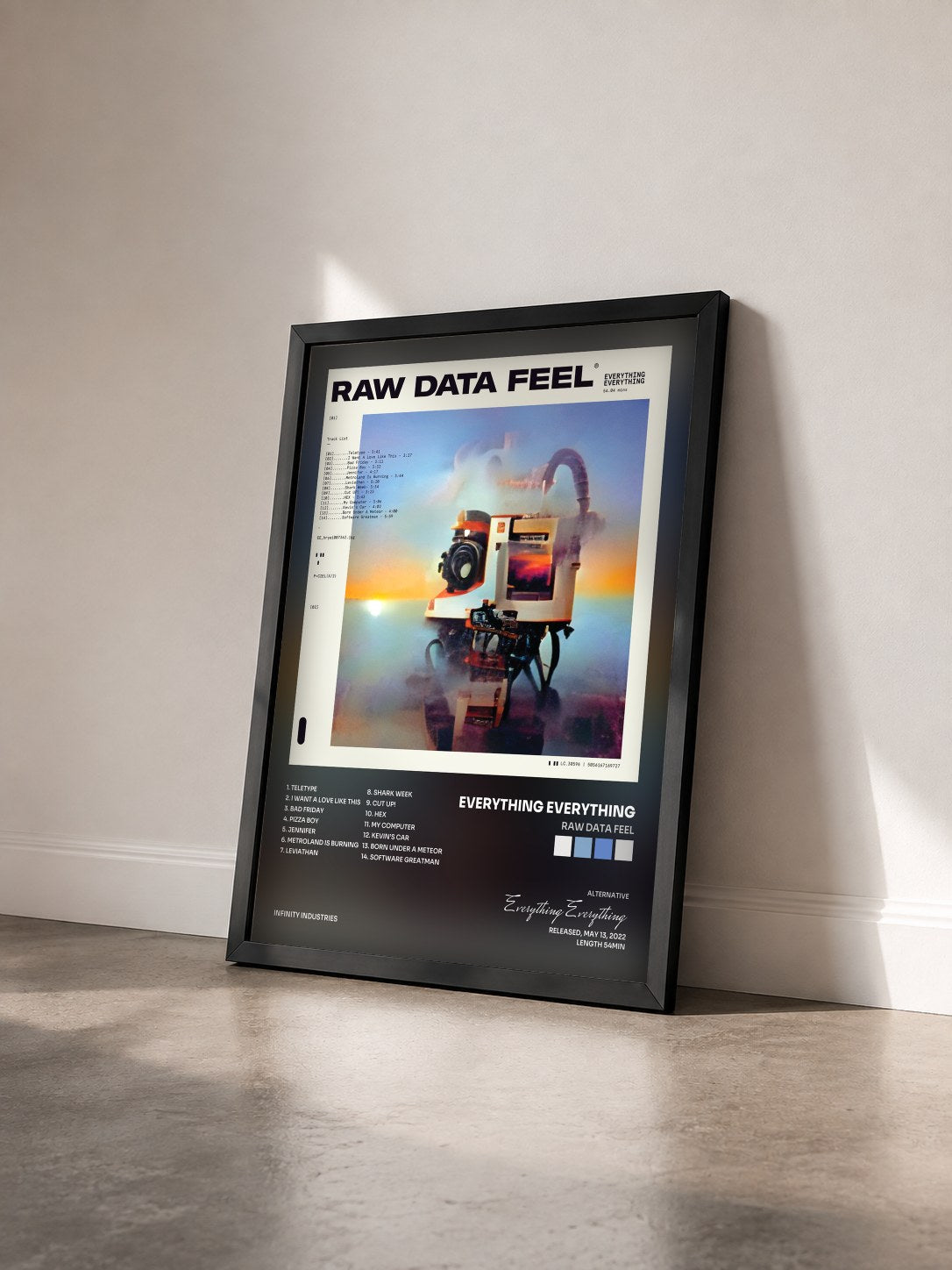 #noir Tableau de l'album Raw Data Feel de Everything Everything vu de trois quarts, cadre noir