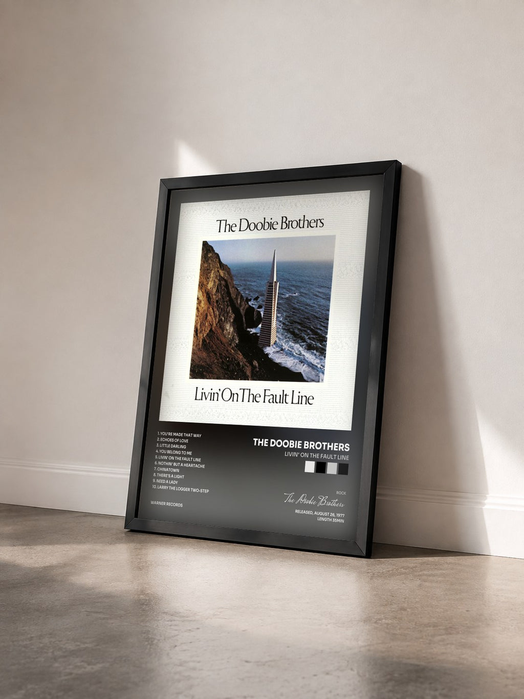 #noir Tableau de l'album Livin' on the Fault Line de The Doobie Brothers vu de trois quarts, cadre noir