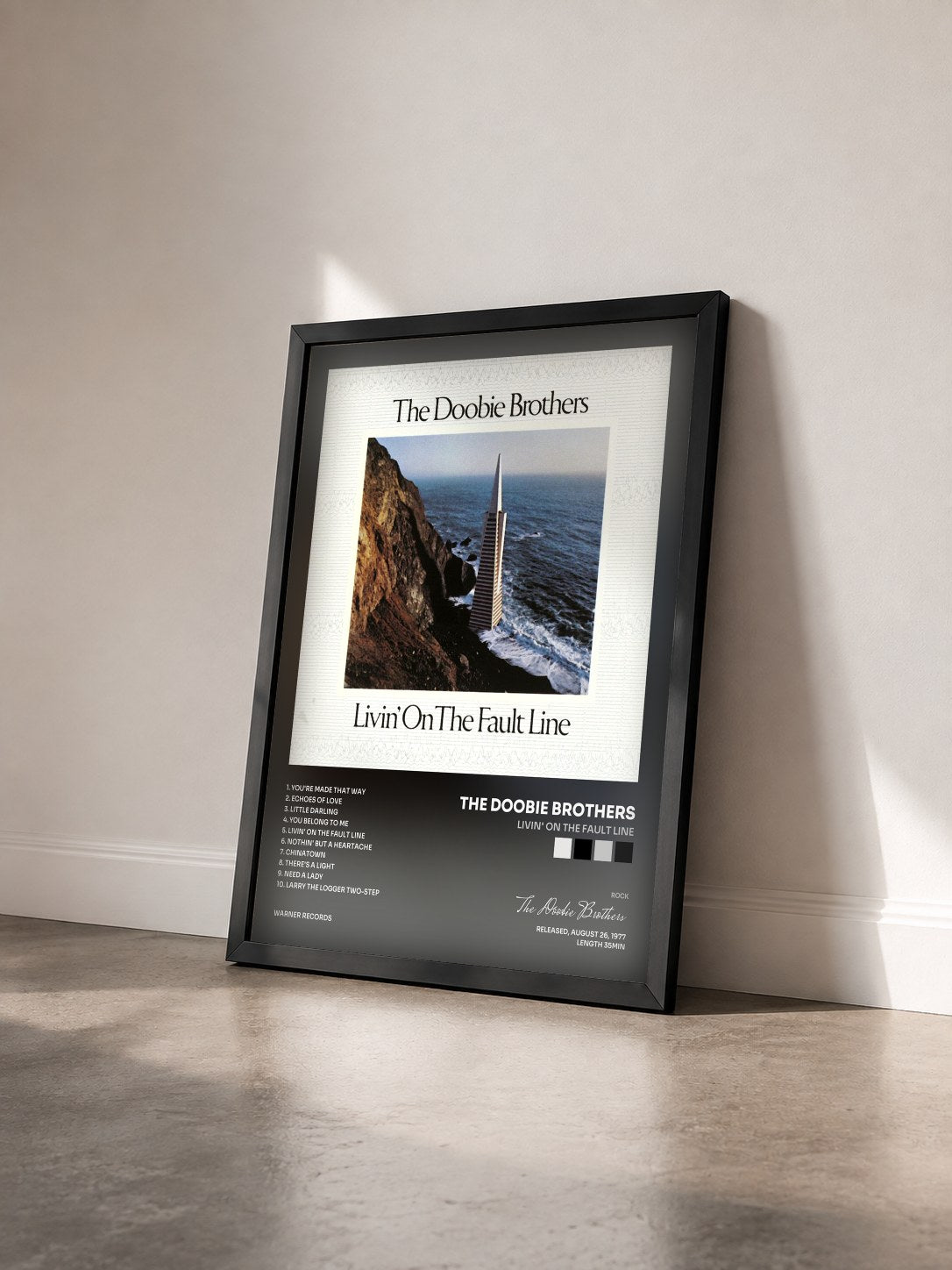 #noir Tableau de l'album Livin' on the Fault Line de The Doobie Brothers vu de trois quarts, cadre noir