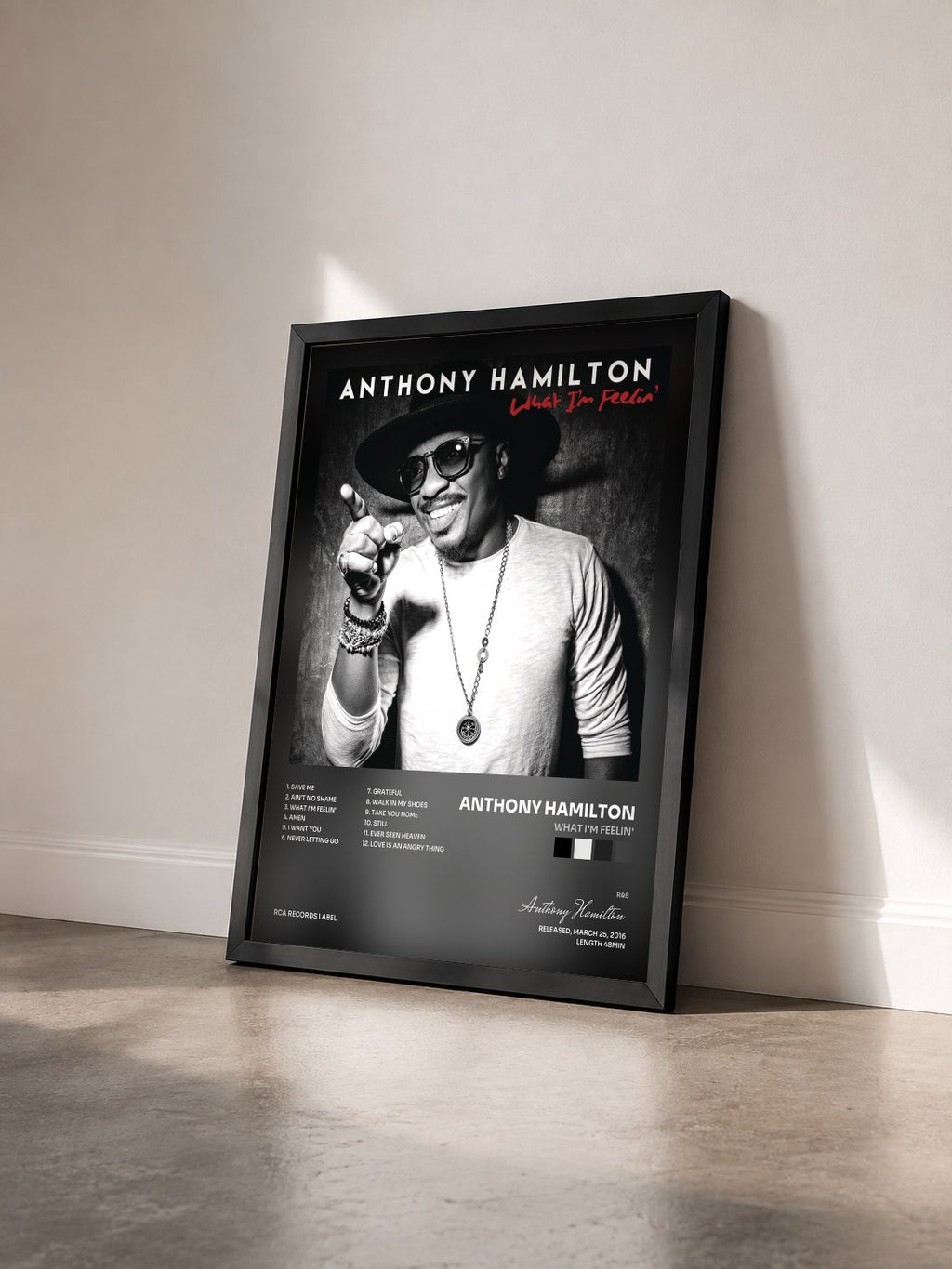 #noir Tableau de l'album What I'm Feelin' de Anthony Hamilton vu de trois quarts, cadre noir