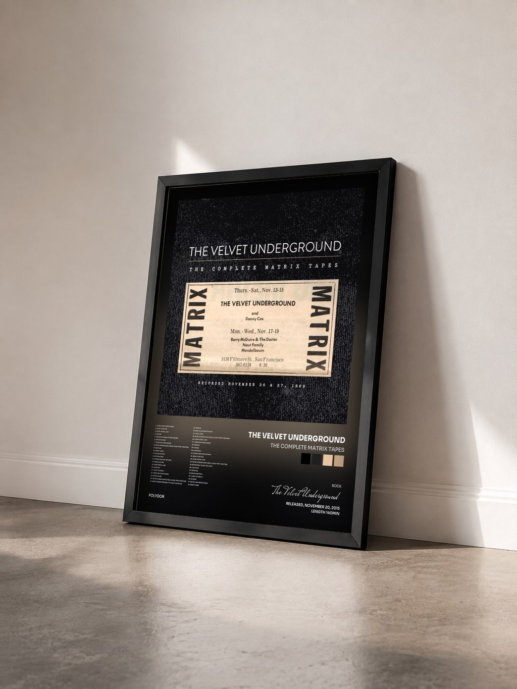 #noir The Complete Matrix Tapes di The Velvet Underground in stampa incorniciata vista di tre quarti, cornice nera