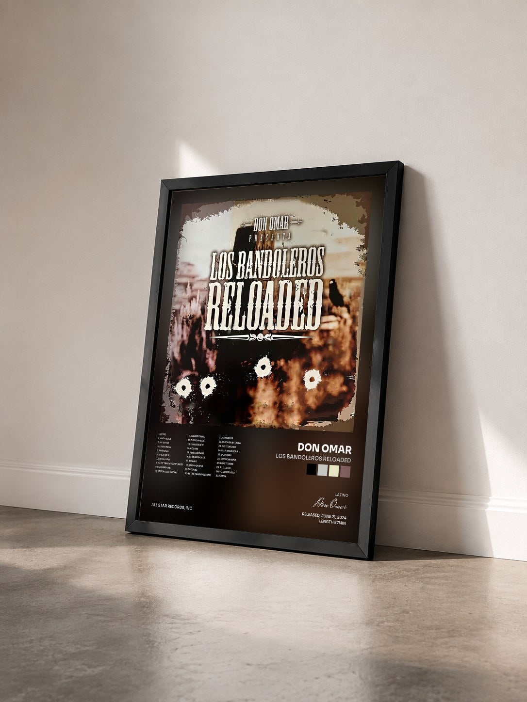 #noir Tableau de l'album Los Bandoleros Reloaded de Don Omar vu de trois quarts, cadre noir