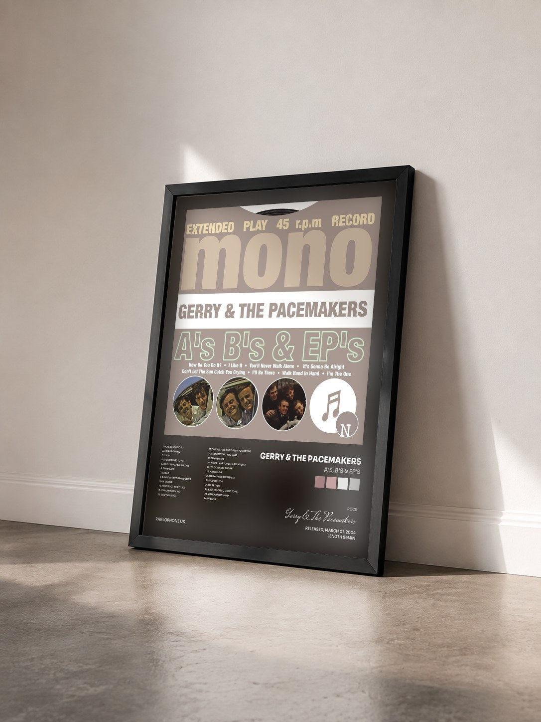 #noir Tableau de l'album A's, B's & EP's de Gerry & The Pacemakers vu de trois quarts, cadre noir