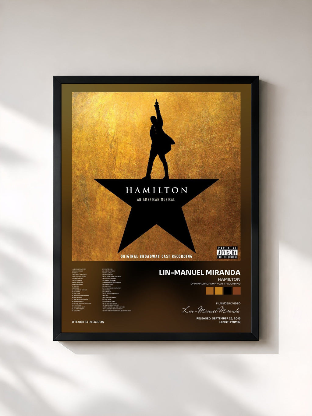 #noir Tableau de l'album Hamilton (Original Broadway Cast Recording) de Lin-Manuel Miranda, cadre noir, imprimé et encadré en France