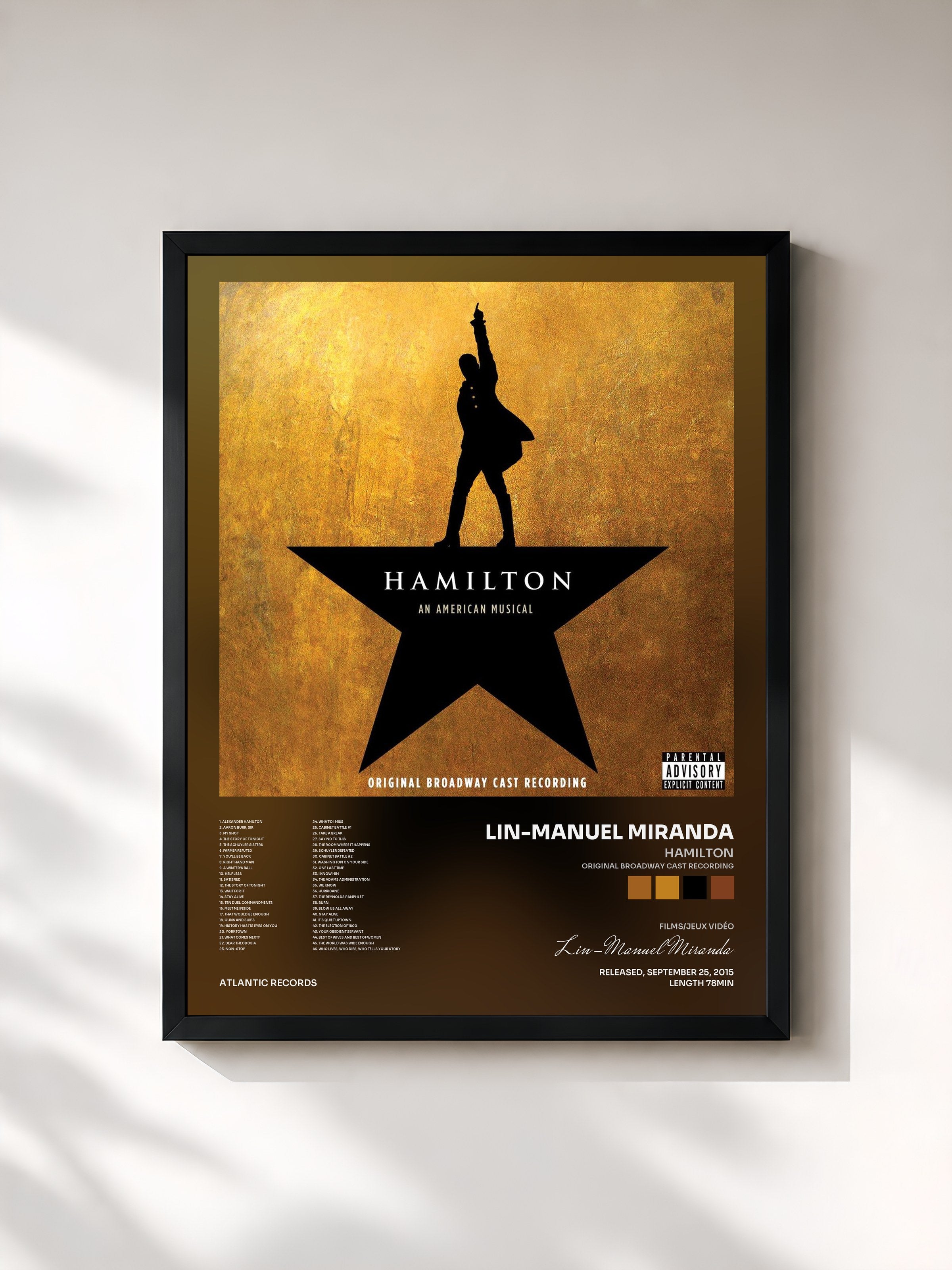 #noir Tableau de l'album Hamilton (Original Broadway Cast Recording) de Lin-Manuel Miranda, cadre noir, imprimé et encadré en France