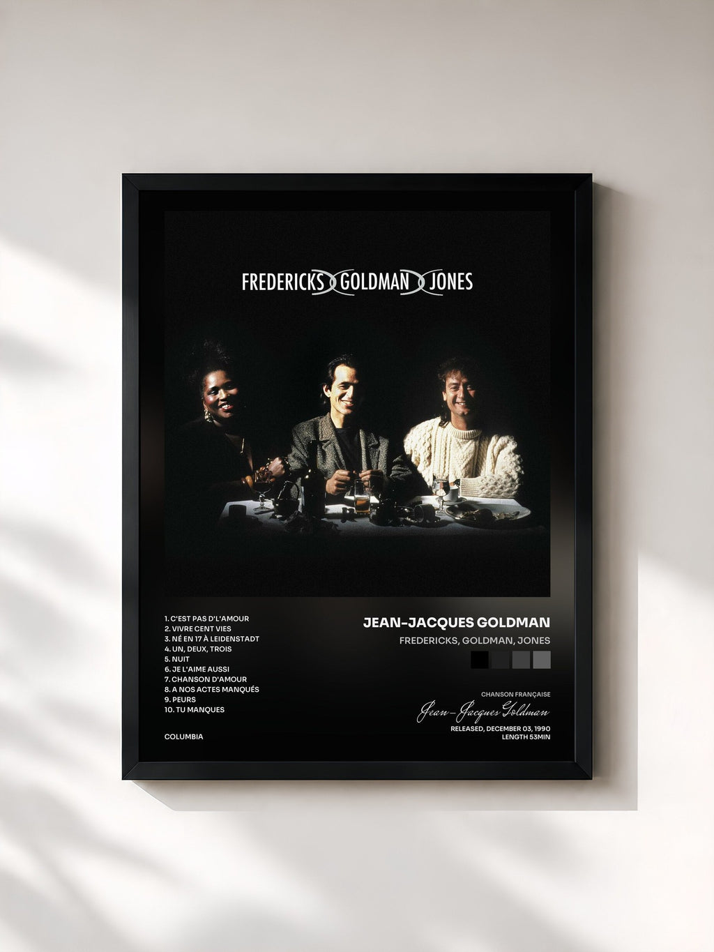 #noir Tableau de l'album Fredericks, Goldman, Jones de Jean-Jacques Goldman, cadre noir, imprimé et encadré en France