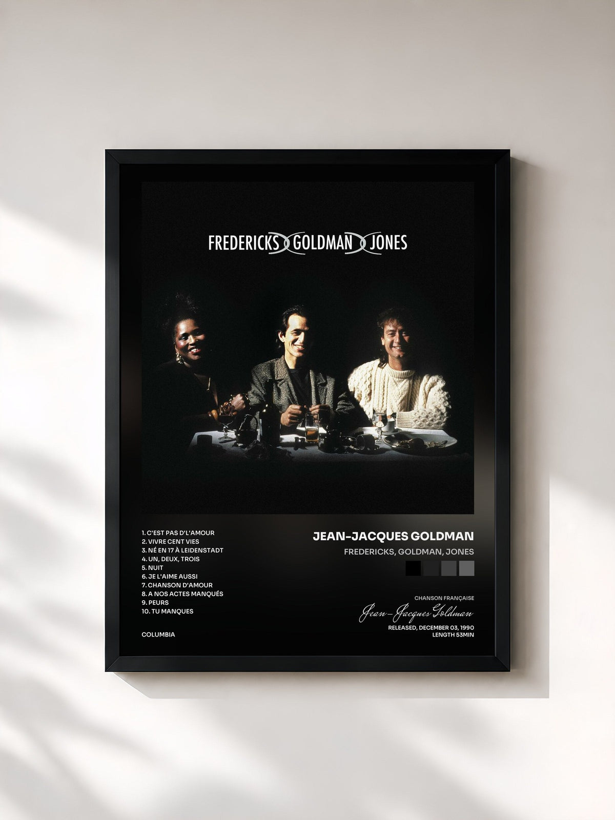 #noir Tableau de l'album Fredericks, Goldman, Jones de Jean-Jacques Goldman, cadre noir, imprimé et encadré en France