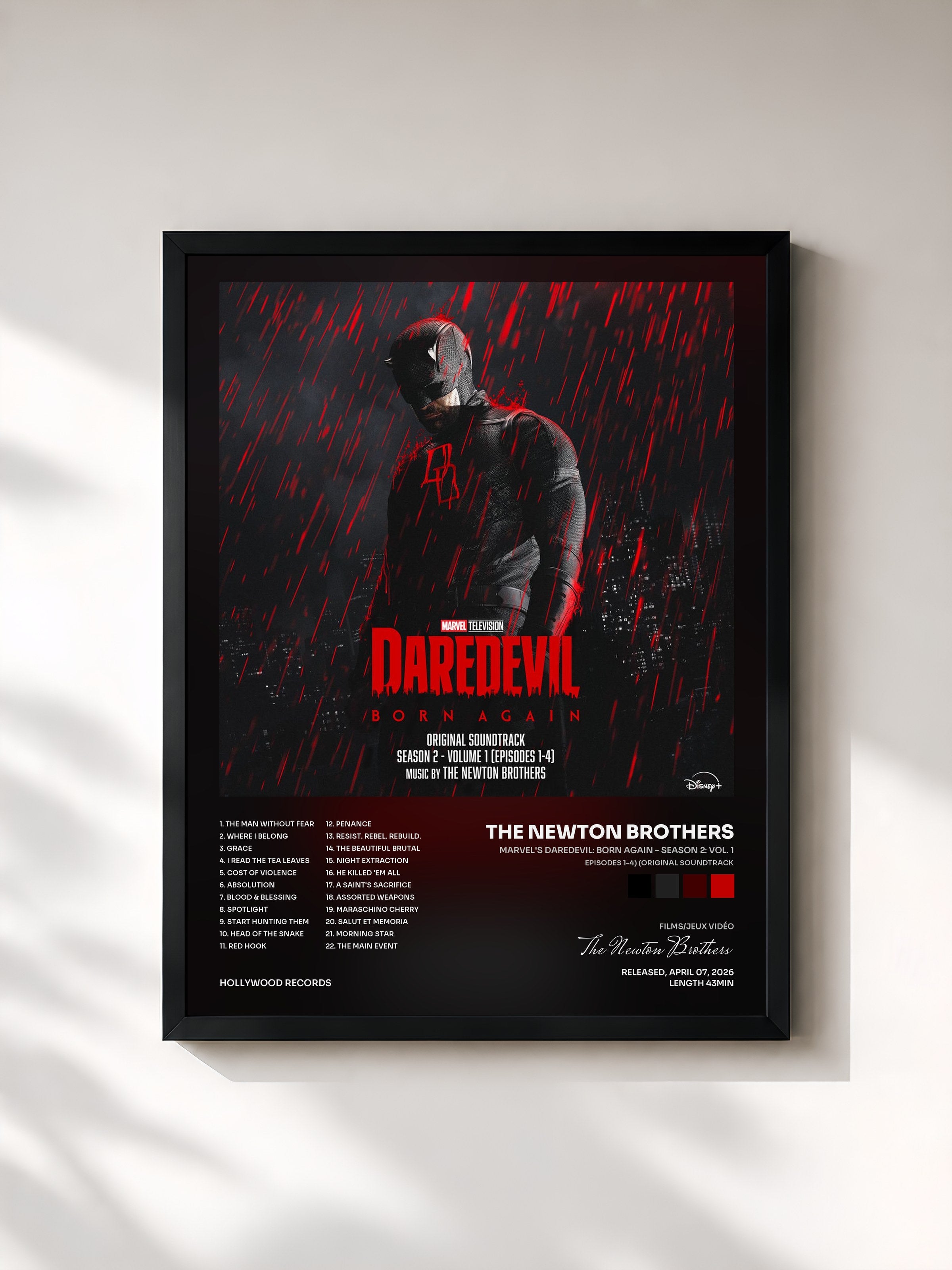 #noir Tableau de l'album Marvel's Daredevil: Born Again - Season 2: Vol. 1 (Episodes 1-4) (Original Soundtrack) de The Newton Brothers, cadre noir, imprimé et encadré en France