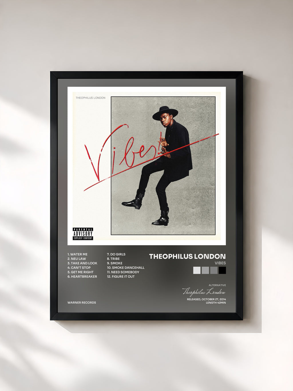#noir Tableau de l'album Vibes de Theophilus London, cadre noir, imprimé et encadré en France