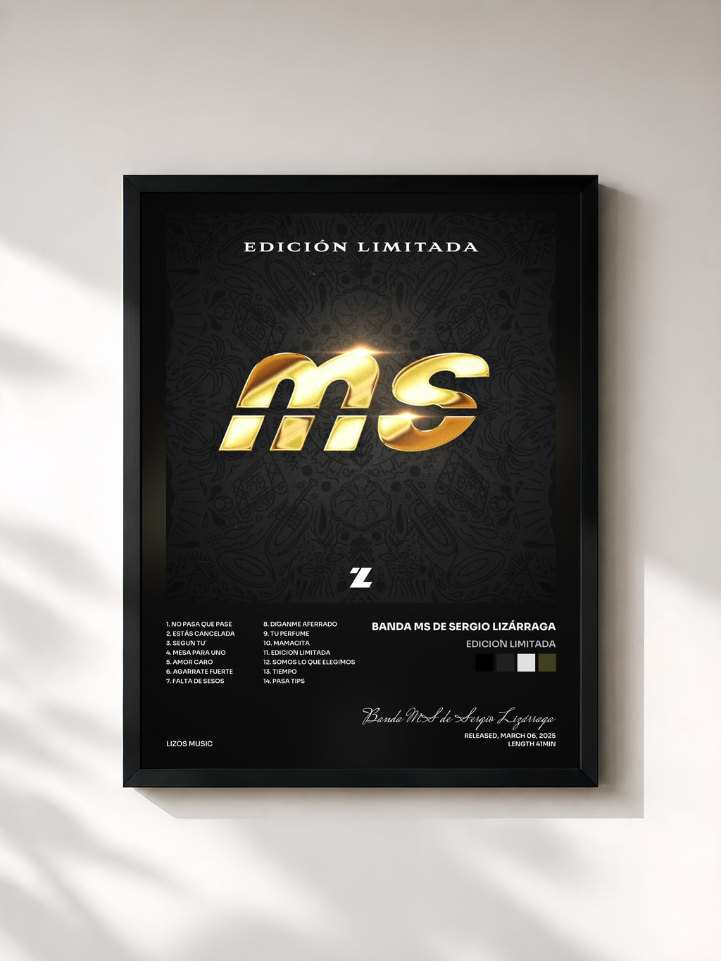 #noir Tableau de l'album Edición Limitada de Banda MS de Sergio Lizárraga, cadre noir, imprimé et encadré en France