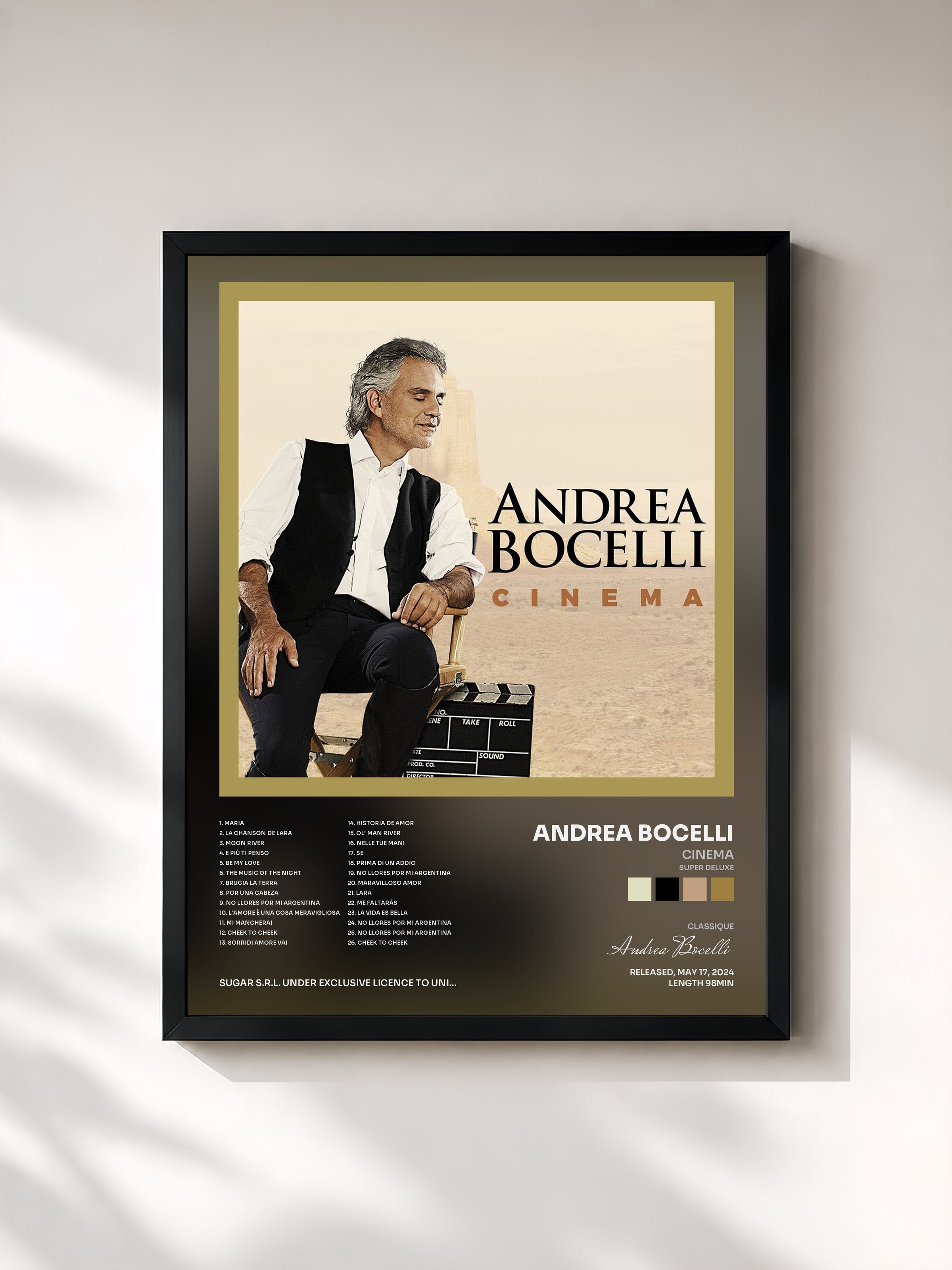 #noir Tableau de l'album Cinema (Super Deluxe) de Andrea Bocelli, cadre noir, imprimé et encadré en France