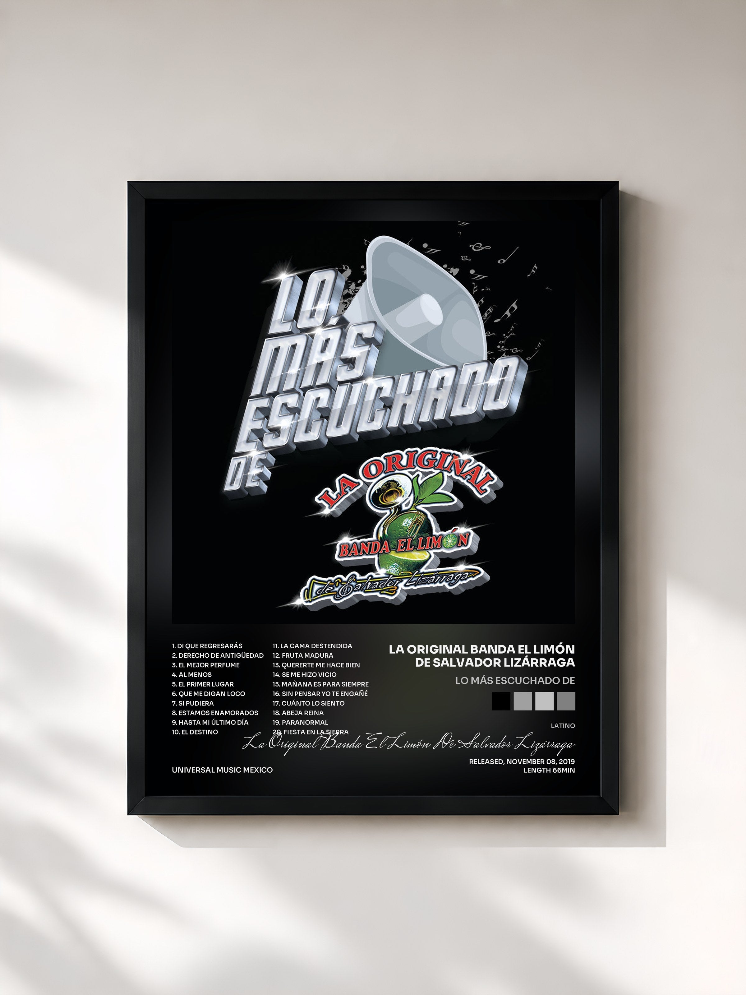 #noir Tableau de l'album Lo Más Escuchado De de La Original Banda El Limón De Salvador Lizárraga, cadre noir, imprimé et encadré en France